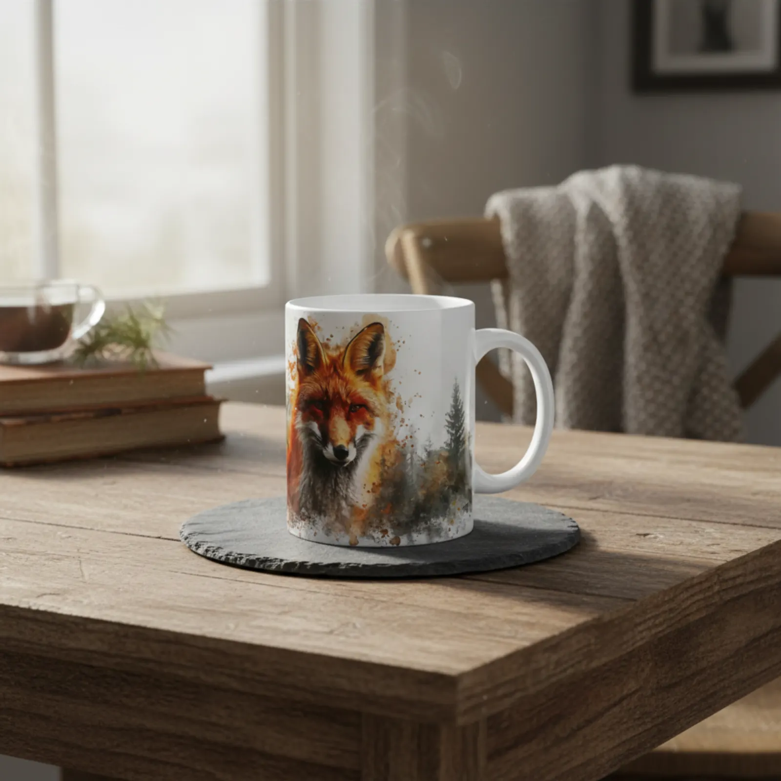 Mockup: Aquarell Tasse mit Fuchs-Motiv im gemütlichen Wohnzimmer