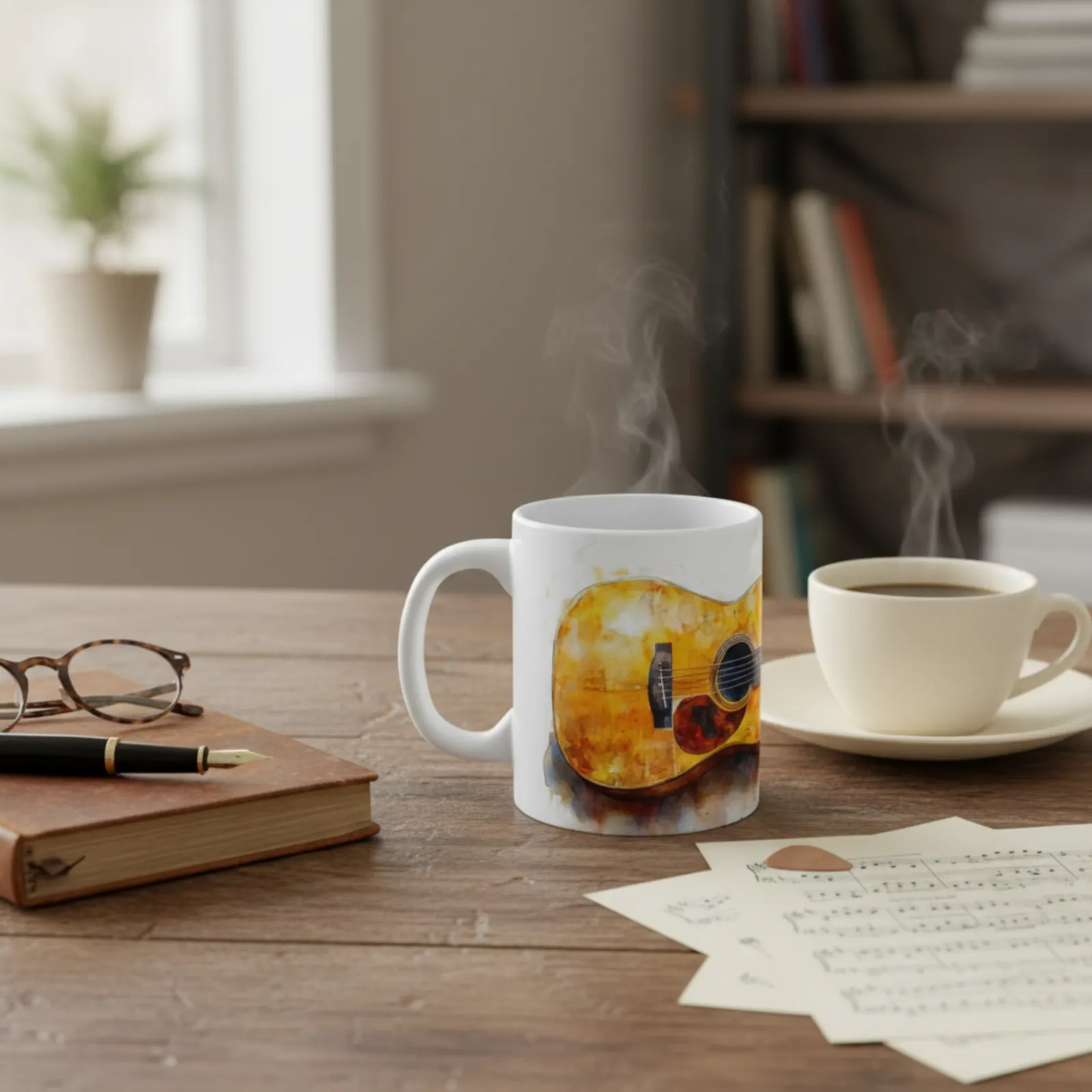Mockup: Aquarell Tasse mit Gitarren-Motiv am Schreibtisch im Homeoffice