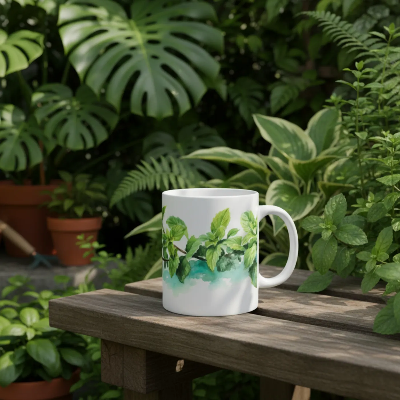 Mockup: Aquarell Tasse mit Minz-Motiv im Garten