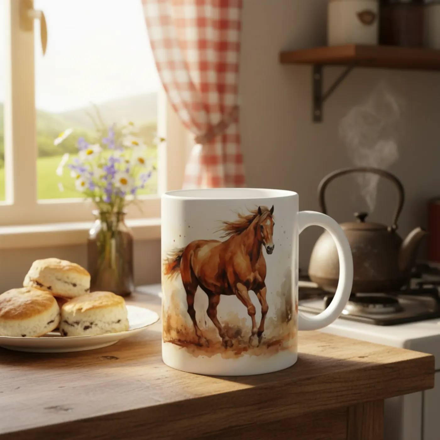 Mockup: Aquarell Tasse mit Pferd Motiv in der Küche